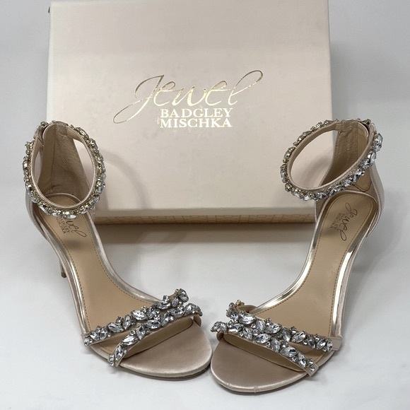 Jewel Badgley Mischka Shoes - JEWEL BADGLEY MISCHKA Caroline Rhinestone Champagne Ankle Beaded Heels Size 7.5